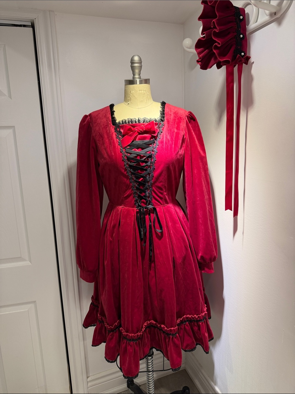 Lolita Classic Velvet Lace-Up Red Dress with Ruffle Hem